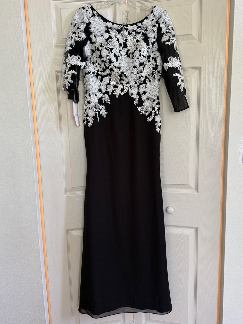 JJs House Black Gown with White Floral Lace Long Sleeves